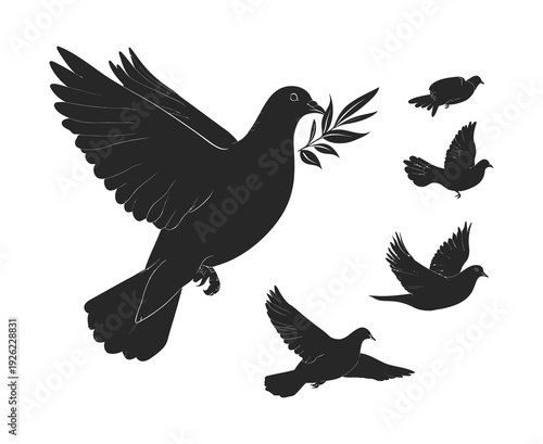 Flying Dove Silhouettes with Olive Branch - Symbol of Peace and Freedom