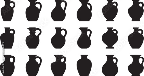 Set of eighteen classic ancient Greek style pottery vases isolated on transparent background
