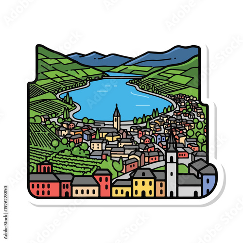 A colorful village by a serene lake with mountains