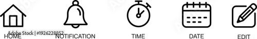 UI icons, home symbol, notification bell, time stopwatch, calendar date, edit pencil, app navigation, interface design, digital clipart, web graphic