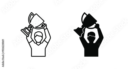 A champion holding trophy icon illustrated in outline and solid silhouette style for achievement concept