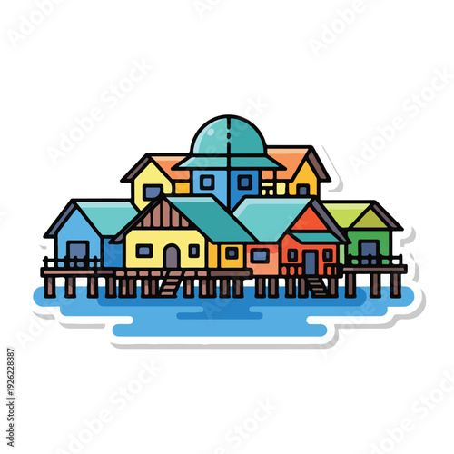 A colorful village on stilts over water
