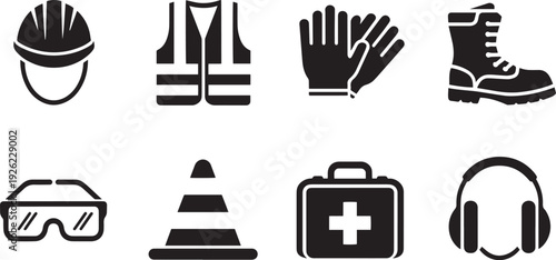 Set of essential safety and protection icons isolated on transparent background