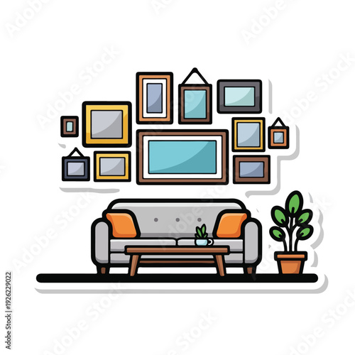 A cozy living room with a sofa, coffee table, and many picture frames