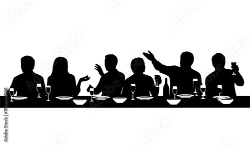 Restaurant Social Gathering Scene with Dining People Silhouettes Black Vector on White