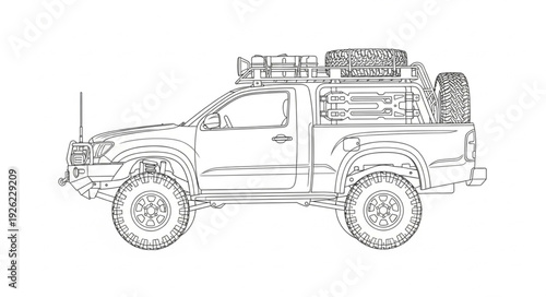 Detailed Line Drawing of Pickup Truck.
