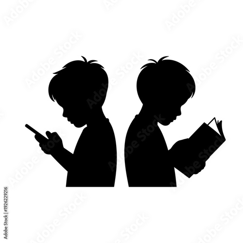 A little boy is looking at his mobile phone, another little boy is reading a book, Silhouette Illustration