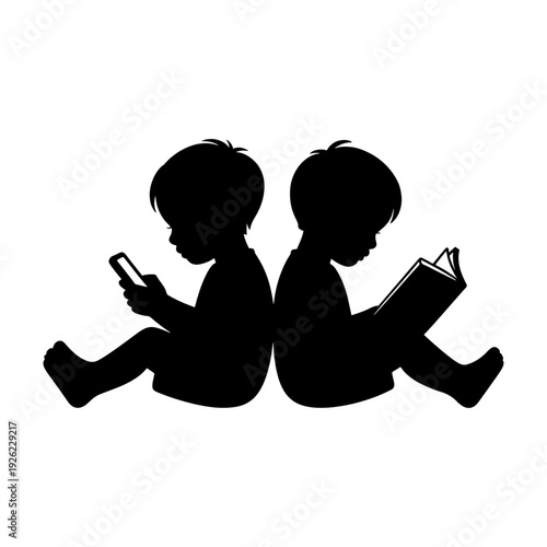A little boy is looking at his mobile phone, another little boy is reading a book, Silhouette Illustration