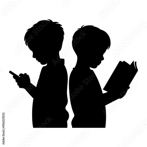 A little boy is looking at his mobile phone, another little boy is reading a book, Silhouette Illustration