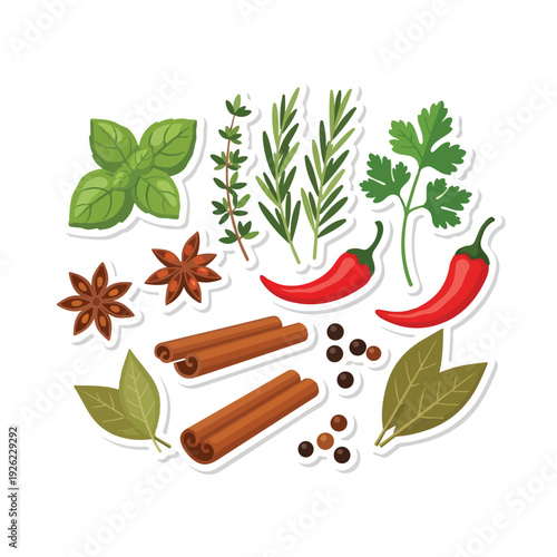 A colorful illustration of various herbs and spices