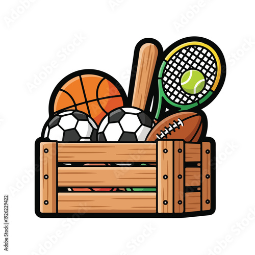 A crate filled with various sports equipment