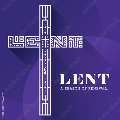 Lent, a senson of renewal - White abstract line christian cross with LENT letter on purple background vector design