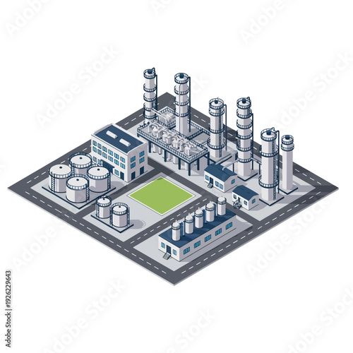 Industrial Factory Complex with Buildings and Tanks.
