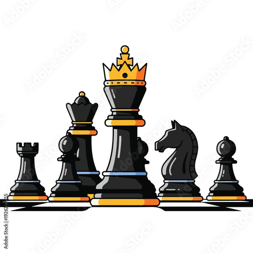 A digital illustration of five black chess pieces with gold accents
