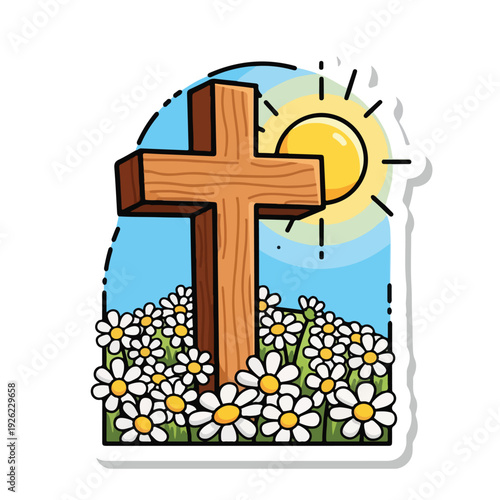 A cross in a field of white flowers under a sunny sky