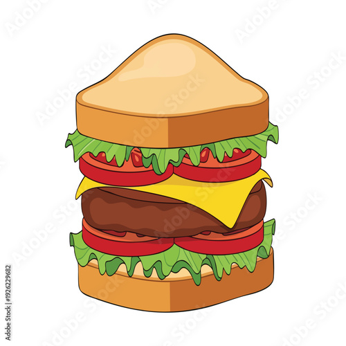 Delicious and Juicy Multi Layered Cheeseburger with Fresh Vegetables and Meat Patty