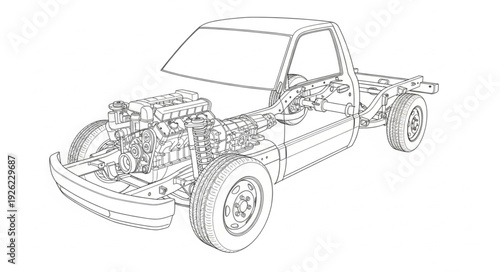 Detailed Technical Drawing of Car Engine.