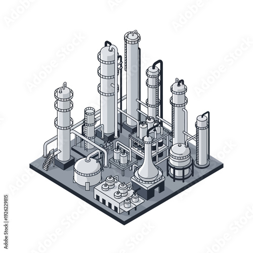 Industrial Factory Illustration with Various Towers and Tanks.