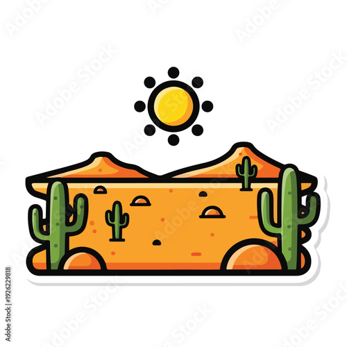 A desert landscape with cacti and sun