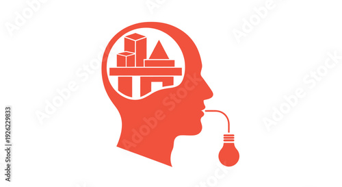 Human head silhouette with architectural building blocks in brain and light bulb connection symbolizing creative engineering and structural thought process innovation.
