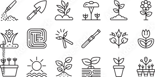 Set of hand drawn gardening and plant growth stages icons isolated on transparent background