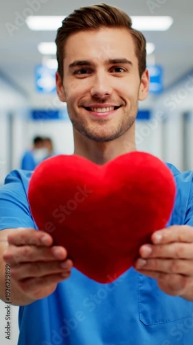 Smiling Male Healthcare Professional Offers Red Heart Symbol in Hospital Corridor