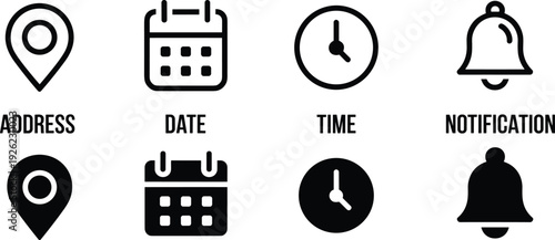 UI icons, address pin, calendar date, time clock, notification bell, interface design, app clipart, web graphic, user experience, digital symbol