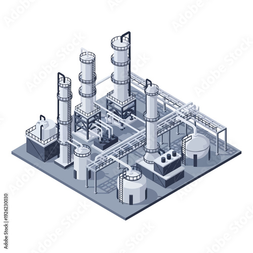 Industrial Factory 3D Model with Towers and Tanks.