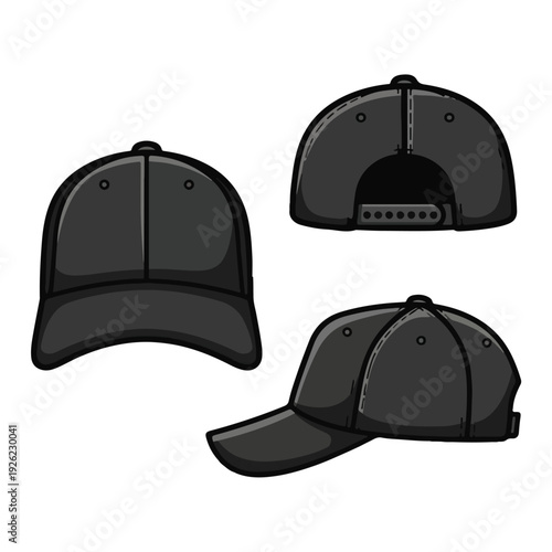 A digital illustration of three black baseball caps