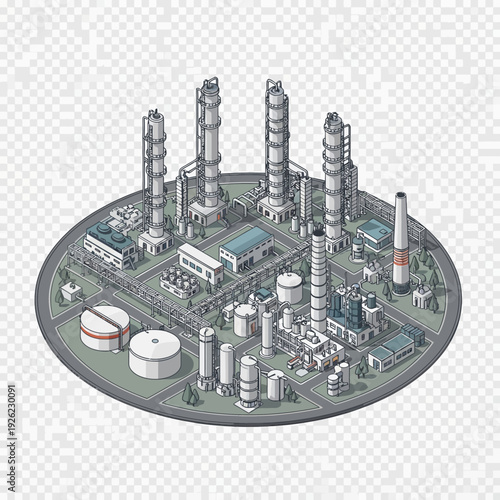 Industrial Factory Complex with Towers and Tanks.