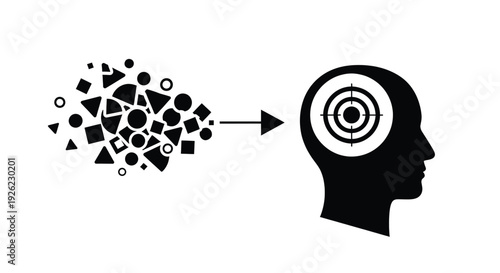 Human profile receiving various geometric shapes into the mind to create a focused target objective for strategic mental organization and clarity.