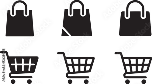 Set of six minimalist shopping bag and trolley icons isolated on transparent background