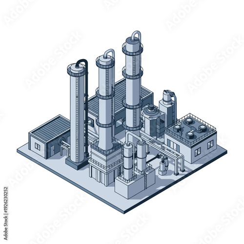 Industrial Factory Building with Chimneys and Towers.