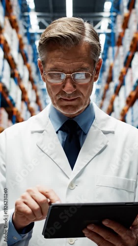 Man In Lab Coat Inspecting Tablet In Large Warehouse Aisles With Blue Shelving And Colorful Boxes