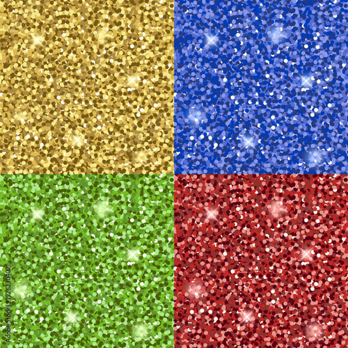 A set of seamless shiny patterns in gold, sapphire, emerald, and ruby tones