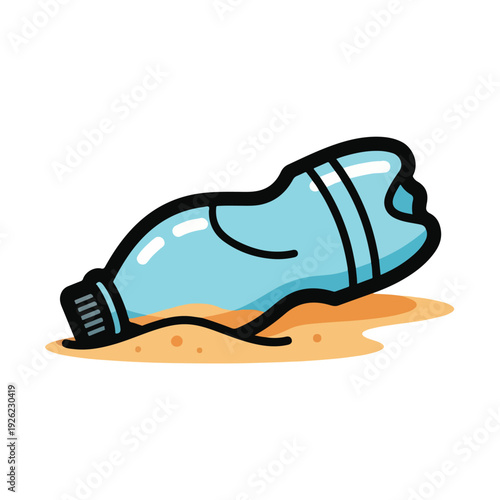 A discarded blue plastic bottle on sandy ground