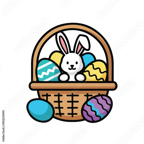 A cute cartoon bunny in a basket with decorated eggs