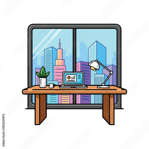 A desk with laptop and city view