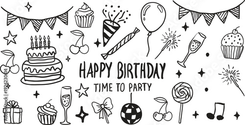 Doodle vector happy birthday collection hand drawn illustrations for party decorations and greeting cards featuring cake balloons and celebratory icons