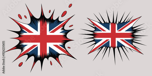 Stylized Union Jack Flags Featuring Vibrant Paint Splashes and Abstract Splatter Effects