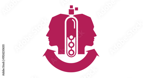 Dual human profiles facing opposite directions with a central test tube and circular arrows symbolizing chemical research and scientific collaboration progress.