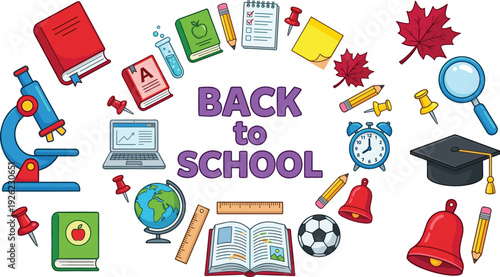 Back to School Doodle Set with Education Supplies Books Microscope Globe Laptop and Classroom Icons Colorful Vector Illustration