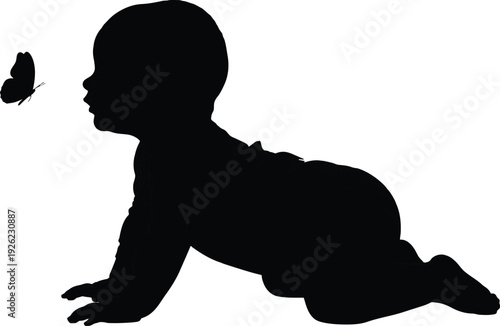 Black silhouette profile of an innocent baby crawling and curiously looking at a small butterfly