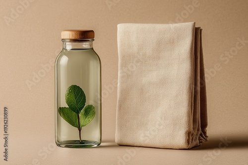 Reusable glass water bottle with mint leaf and cotton tote bag on recycled paper background for eco-friendly design