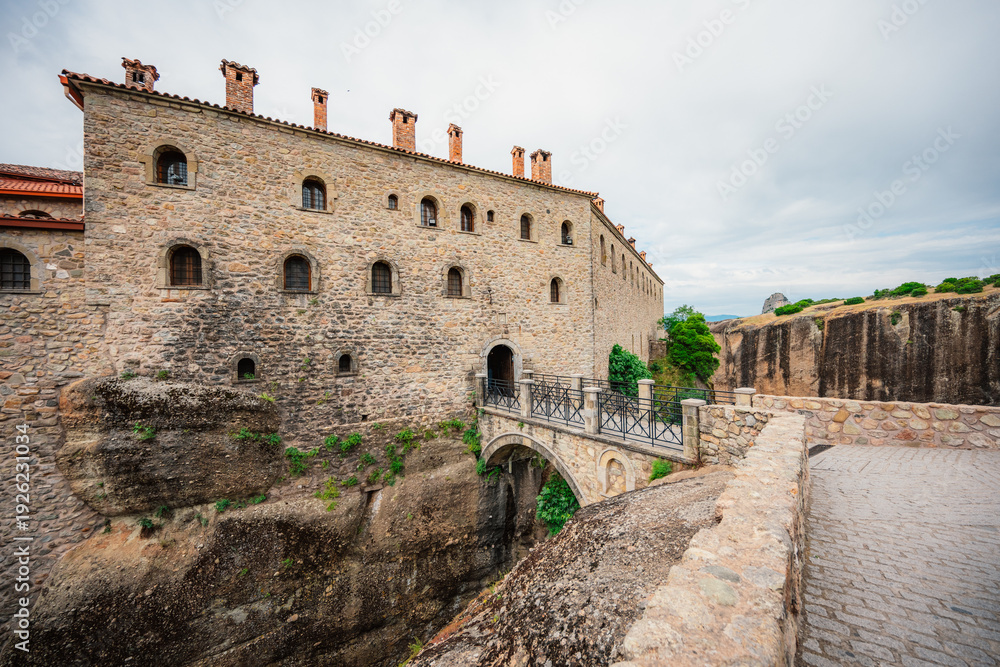 Obraz premium The Meteora monastery, rocky monasteries complex in Greece near Kalabaka city. Holy Monastery of Saint Stephen