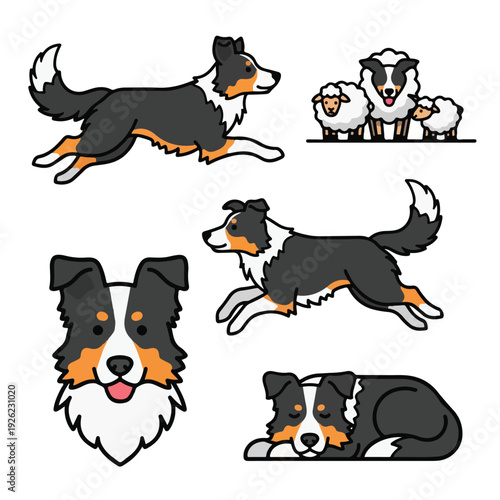 A digital illustration of a border collie dog and sheep