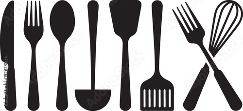 Collection of hand drawn black silhouette kitchen utensils and cutlery on white background