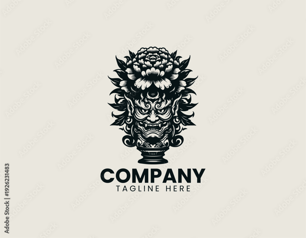 Fototapeta premium Japanese demon mask vase with blooming peony flower black vector logo illustration