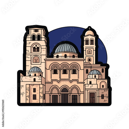A digital illustration of a large, ornate building with domes and towers