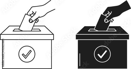 Voting Ballot Box Icon Set with Hand Casting Vote and Check Mark Election Symbol Vector Illustration